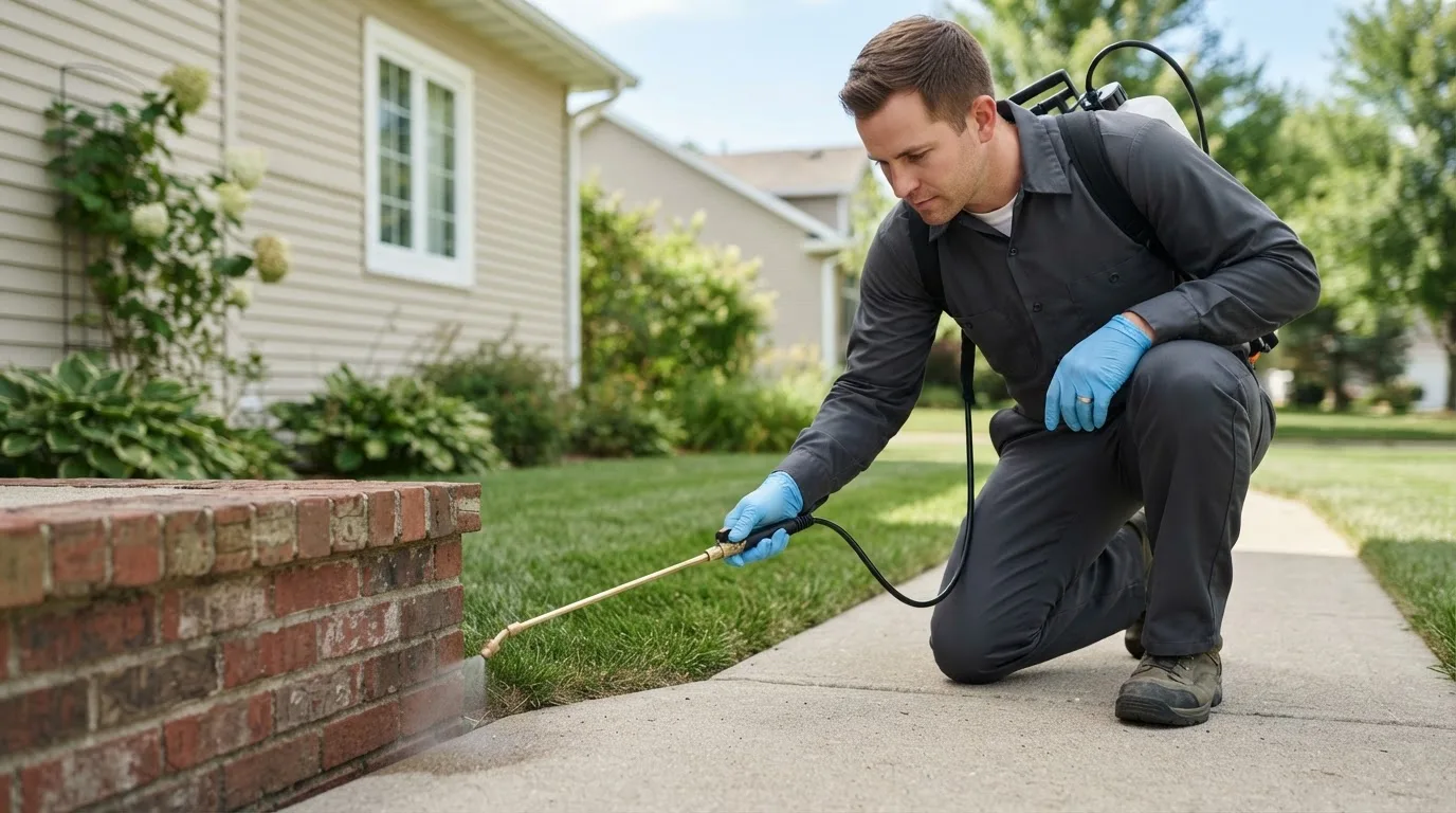 Pest control technician treating a home near La Feria, TX
